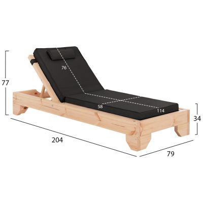 BEACH LOUNGER WITH CUSHION KORINOS HM10776.05T PINE WOOD--TEXTILENE COVER IN BLACK 79x204x77Hcm.
