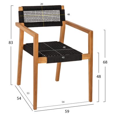 ARMCHAIR CHARLOTTE HM9637.02 TEAK WOOD & BLACK ROPE--B'RATED 59x54x83Hcm.