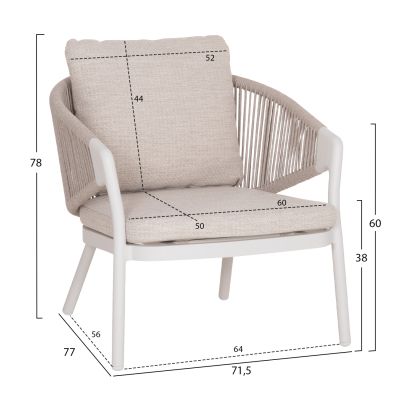LOUNGE ALUMINUM CHAIR XANTION HM6471.02 WITH ROPE & CUSHIONS--WHITE 71.5x77x78Hcm.