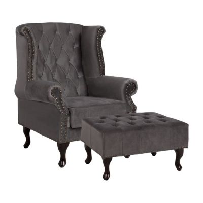 Set Armchair Polina & Footstool Emma Grey Velvet T. Chesterfield HM11053.10