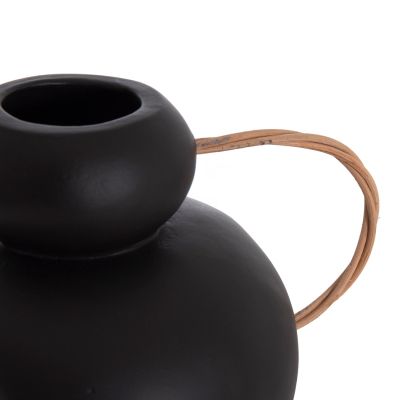 DECORATIVE VASE MIBO HM4688.01S TERRACOTTA IN BLACK--HANDLES NATURAL RATTAN 27x15x20Hcm