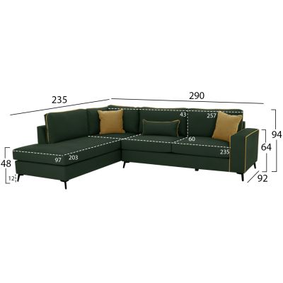 SOFA LEFT CORNER DIVA WATER REPELLANT FABRIC CYPRESS GREEN HM3254.17L 290x235x94Hcm.