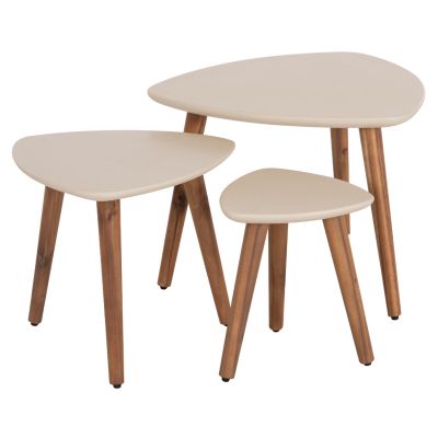 SET 3PCS SIDE TABLES PRANTIS HM10734.02 FIBER CEMENT IN BEIGE--ACACIA WOOD LEGS