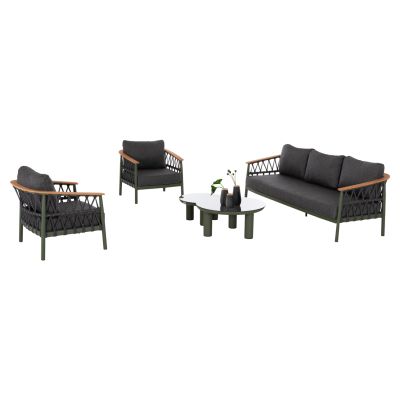 OUTDOOR LOUNGE SET 5PCS STREAM HM6426.07 ALUMINUM IN GREEN-DARK GREY STRAP ROPE & OLEFIN FABRIC