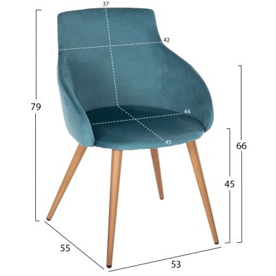 DINING ARMCHAIR IVY HM8546.05 TURQUOISE VELVET AND METAL LEGS IN NATURAL WOOD COLOR 53x55x79Hcm.