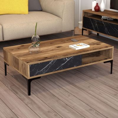 COFFEE TABLE HM9503.04 MELAMINE WALNUT-BLACK MARBLE LOOK & METAL LEGS 105x60x32.6Hcm.