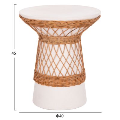 SIDE TABLE ROUND DELIA HM18167.02 FIBER CEMENT WHITE & RATTAN Φ40x45Hcm.
