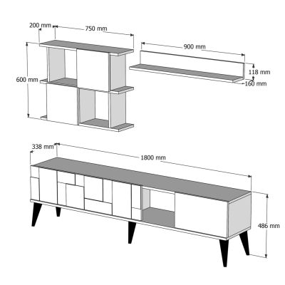 TV FURNITURE COMBO TRONDE HM9437.01 MELAMINE WALNUT AND CHARCOAL GREY 180x33.8x48.6Hcm.