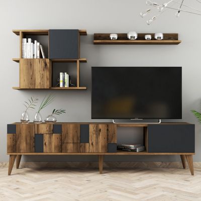 TV FURNITURE COMBO TRONDE HM9437.01 MELAMINE WALNUT AND CHARCOAL GREY 180x33.8x48.6Hcm.