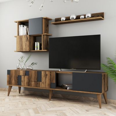 TV FURNITURE COMBO TRONDE HM9437.01 MELAMINE WALNUT AND CHARCOAL GREY 180x33.8x48.6Hcm.