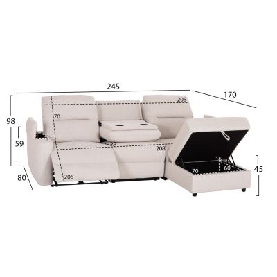 RIGHT CORNER SOFA SYNTHIA HM3308.01R RECLINE & STORAGE SPACE--BEIGE FABRIC 245x170x98Hcm.