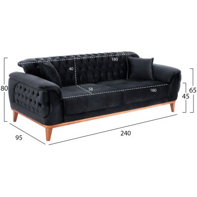 HM3249.01 BENNINGTON 3-seater sofa-bed, black velvet, 240x95x80