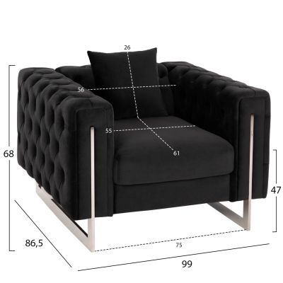 ARMCHAIR t.CHESTERFIELD MOBAR HM3261.04 VELVET BLACK-METAL LEGS 99x86,5x77Hcm.