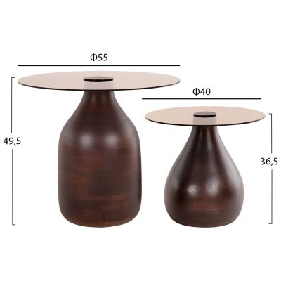 SIDE TABLES 2PCS CHANG HM9668 MANGO WOOD IN BROWN-GLASS TOP Φ55x49,5H & Φ40x36,5H cm.