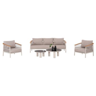 OUTDOOR LOUNGE SET 5PCS STREAM HM6426.02 ALUMINUM IN CREAM WHITE--BEIGE STRAP ROPE & OLEFIN FABRIC