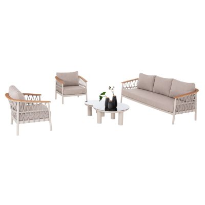 OUTDOOR LOUNGE SET 5PCS STREAM HM6426.02 ALUMINUM IN CREAM WHITE--BEIGE STRAP ROPE & OLEFIN FABRIC