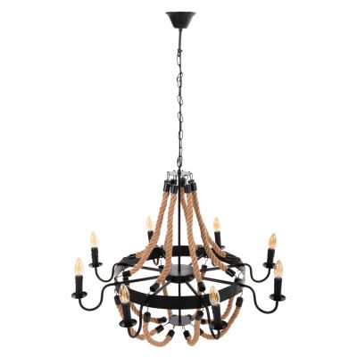 CEILING PENDANT 8-LIGHT HM4178 ROPE AND BLACK METAL 84x84x121Hcm.