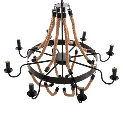 CEILING PENDANT 8-LIGHT HM4178 ROPE AND BLACK METAL 84x84x121Hcm.