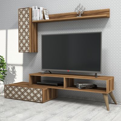 TV FURNITURE SET HM9518.02 MELAMINE IN WALNUT AND CREAM 150x37.2x37.8Hcm.