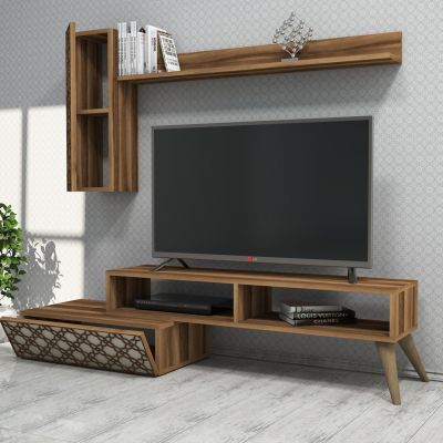 TV FURNITURE SET HM9518.02 MELAMINE IN WALNUT AND CREAM 150x37.2x37.8Hcm.