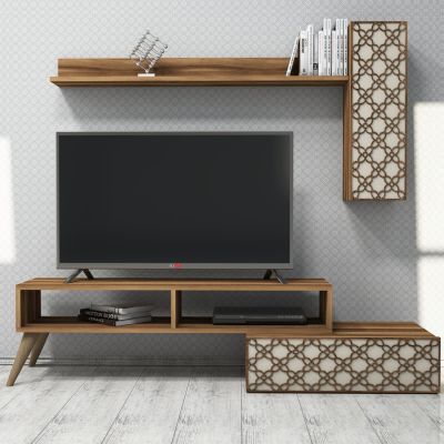 TV FURNITURE SET HM9518.02 MELAMINE IN WALNUT AND CREAM 150x37.2x37.8Hcm.