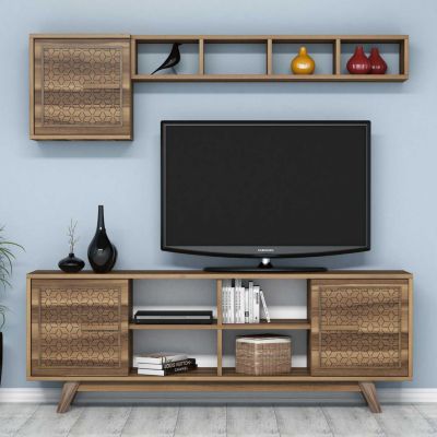 TV FURNITURE SET HM9513.01 MELAMINE IN WALNUT COLOR 160x35x56.2Hcm.