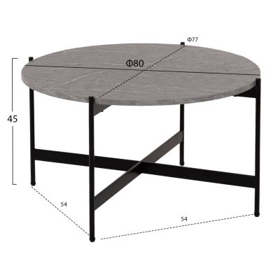 COFFEE TABLE HM9588.02 MDF GREY MARBLE TABLETOP-BLACK METAL BASE Φ80x45Hcm.