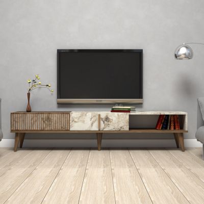 TV STAND HM9512.03 MELAMINE WALNUT AND WHITE MARBLE-LOOK 180x35x40Hcm.