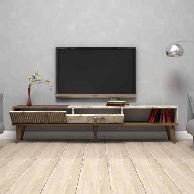 TV STAND HM9512.03 MELAMINE WALNUT AND WHITE MARBLE-LOOK 180x35x40Hcm.