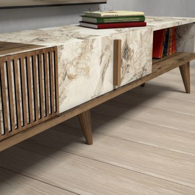 TV STAND HM9512.03 MELAMINE WALNUT AND WHITE MARBLE-LOOK 180x35x40Hcm.