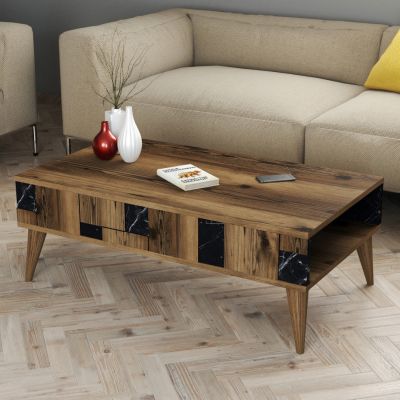 COFFEE TABLE HM9504.02 MELAMINE IN WALNUT-BLACK MARBLE LOOK 105x60x37.6Hcm.