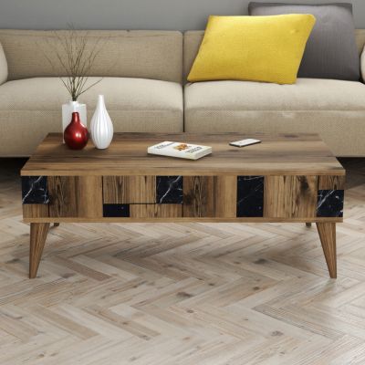 COFFEE TABLE HM9504.02 MELAMINE IN WALNUT-BLACK MARBLE LOOK 105x60x37.6Hcm.