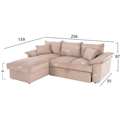 CORNER (LEFT) SOFA-BED WITH STORAGE SPACE ALDO HM3276.01L BEIGE FABRIC 256x91-159x87Hcm.