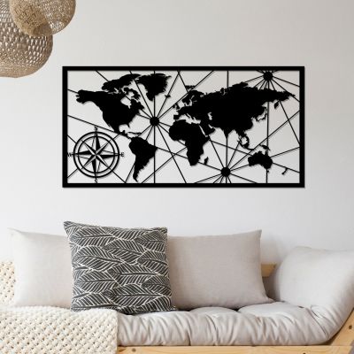 WALL DECORATION 100% METAL BLACK WORLD MAP 120Χ1,5Χ60 HM7335