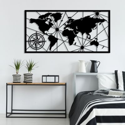 WALL DECORATION 100% METAL BLACK WORLD MAP 120Χ1,5Χ60 HM7335