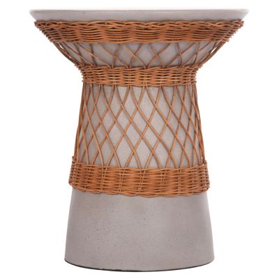 SIDE TABLE ROUND DELIA HM18167.03 FIBER CEMENT GREY & RATTAN Φ40x45Hcm.
