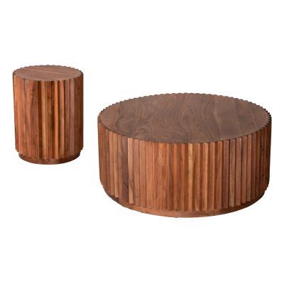 SET 2PCS COFFEE TABLES ROUND SEDGE HM11944 SOLID ACACIA WOOD IN NATURAL Φ90 & Φ40cm.