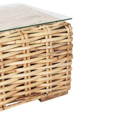 OUTDOOR COFFEE TABLE TROPEL HM9811 MANGO WOOD-NATURAL RATTAN-SAFETY GLASS 110x60x40Hcm.