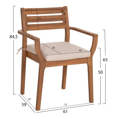 OUTDOOR DINING CHAIR STACKER HM6543 ACACIA WOOD IN NATURAL--CUSHION IN LIGHT GREY 61x59x84.5Hcm
