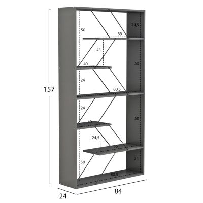 ЕТАЖ ЗА КНИЖИ TARS HM2240.20 СИВ МЕЛАМИН-ЧЕРНИ МЕТАЛНИ ПРЪТОВЕ 84x24x157Hcm.