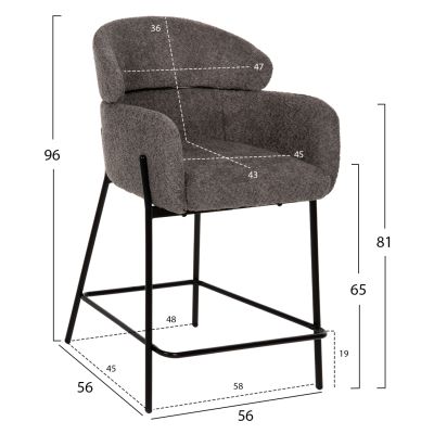 BAR STOOL MEDIUM HEIGHT WOLF HM8584.01 GREY BOUCLE FABRIC-BLACK METAL LEGS 56x56x96Hcm.