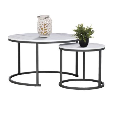 COFFEE TABLES SET 2PCS MDF WHITE MARBLE LOOK BLACK LEGS Φ80x48cm.HM8763.12