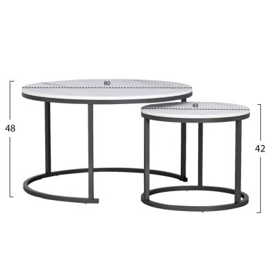 COFFEE TABLES SET 2PCS MDF WHITE MARBLE LOOK BLACK LEGS Φ80x48cm.HM8763.12