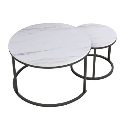 COFFEE TABLES SET 2PCS MDF WHITE MARBLE LOOK BLACK LEGS Φ80x48cm.HM8763.12