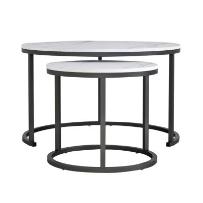 COFFEE TABLES SET 2PCS MDF WHITE MARBLE LOOK BLACK LEGS Φ80x48cm.HM8763.12