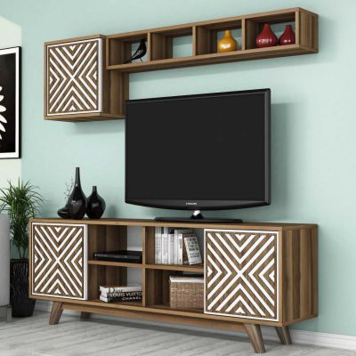 TV FURNITURE SET HM9516.03 MELAMINE IN WALNUT AND WHITE 160x35x56.2Hcm.