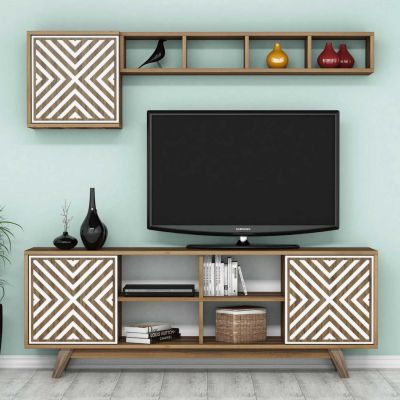 TV FURNITURE SET HM9516.03 MELAMINE IN WALNUT AND WHITE 160x35x56.2Hcm.