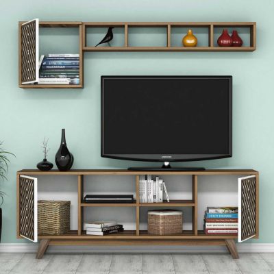 TV FURNITURE SET HM9516.03 MELAMINE IN WALNUT AND WHITE 160x35x56.2Hcm.