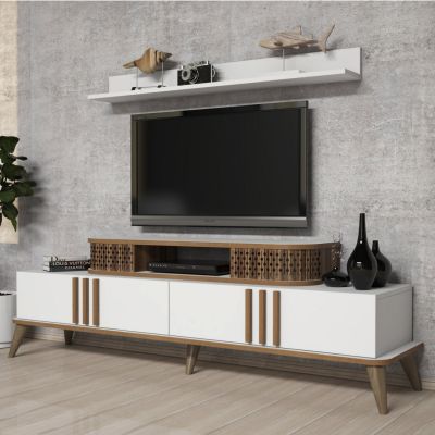 TV COMBO FURNITURE HM9515.03 MELAMINE IN WHITE & WALNUT COLOR 168x39x51.6Hcm