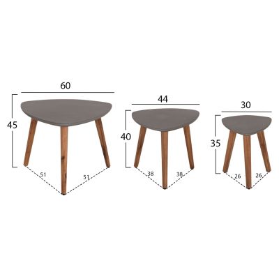 SET 3PCS SIDE TABLES PRANTIS HM10734.01 FIBER CEMENT IN GREY--ACACIA WOOD LEGS